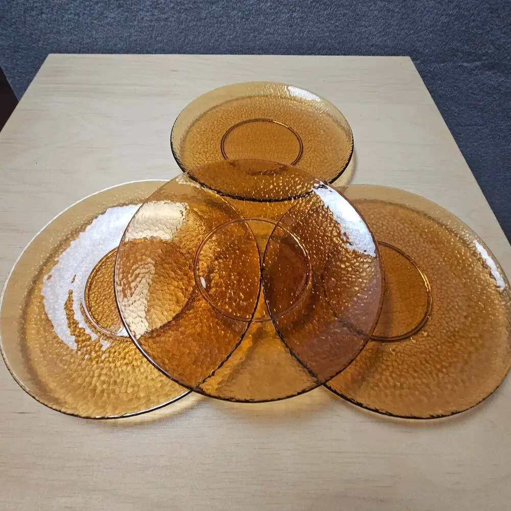 Set of 4 Vintage Amber Glass Salad Plates MCM Pebbled Textured Lunch 8.25